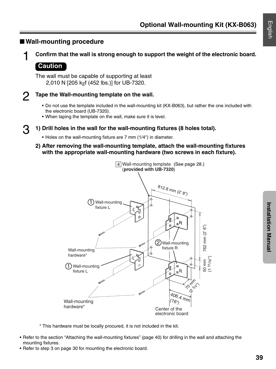 Wall-mounting procedure, Caution | Panasonic UB-7320 User Manual | Page 39 / 42