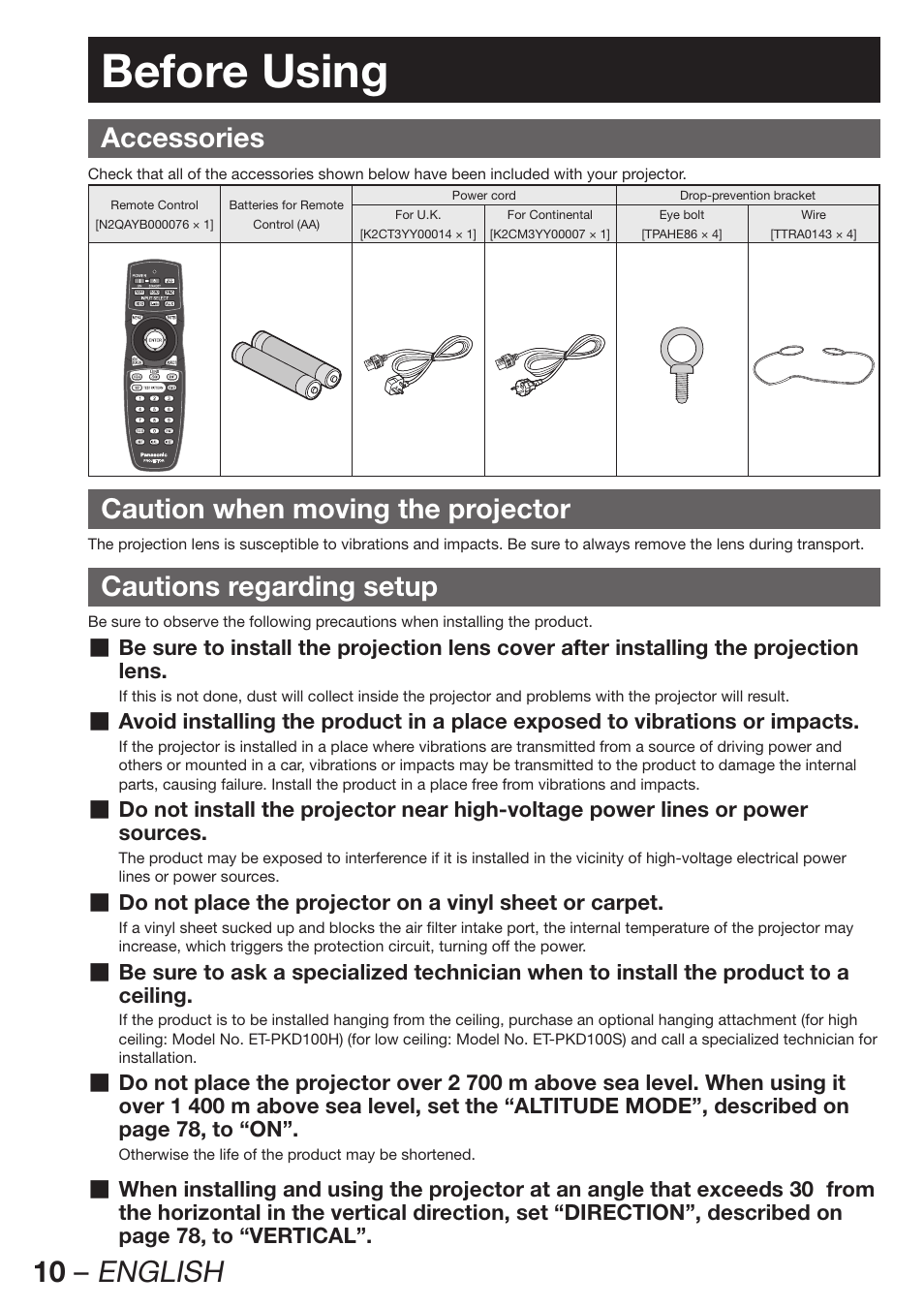 Before using, Accessories, Caution when moving the projector | Cautions regarding setup, 10 – english | Panasonic PT-DZ12000E User Manual | Page 10 / 128