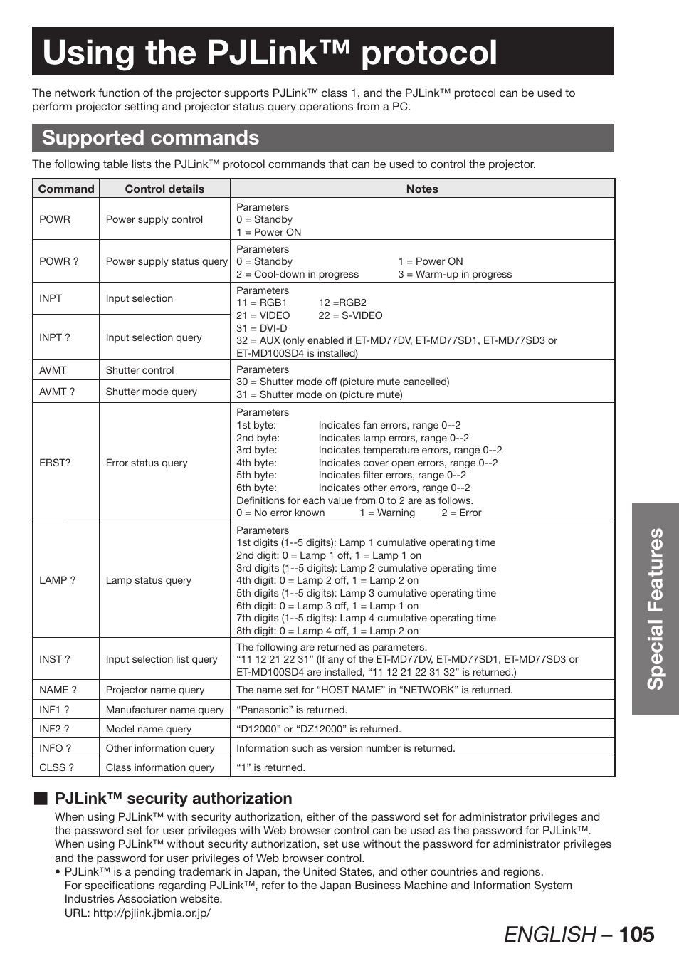 Using the pjlink™ protocol, Supported commands, English – 105 | Special featur es, Pjlink™ security authorization | Panasonic PT-DZ12000E User Manual | Page 105 / 128