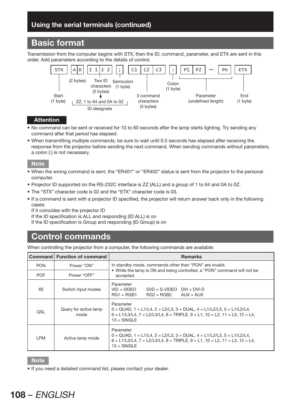 Basic format, Control commands, 108 – english | Using the serial terminals (continued) | Panasonic PT-DZ12000E User Manual | Page 108 / 128