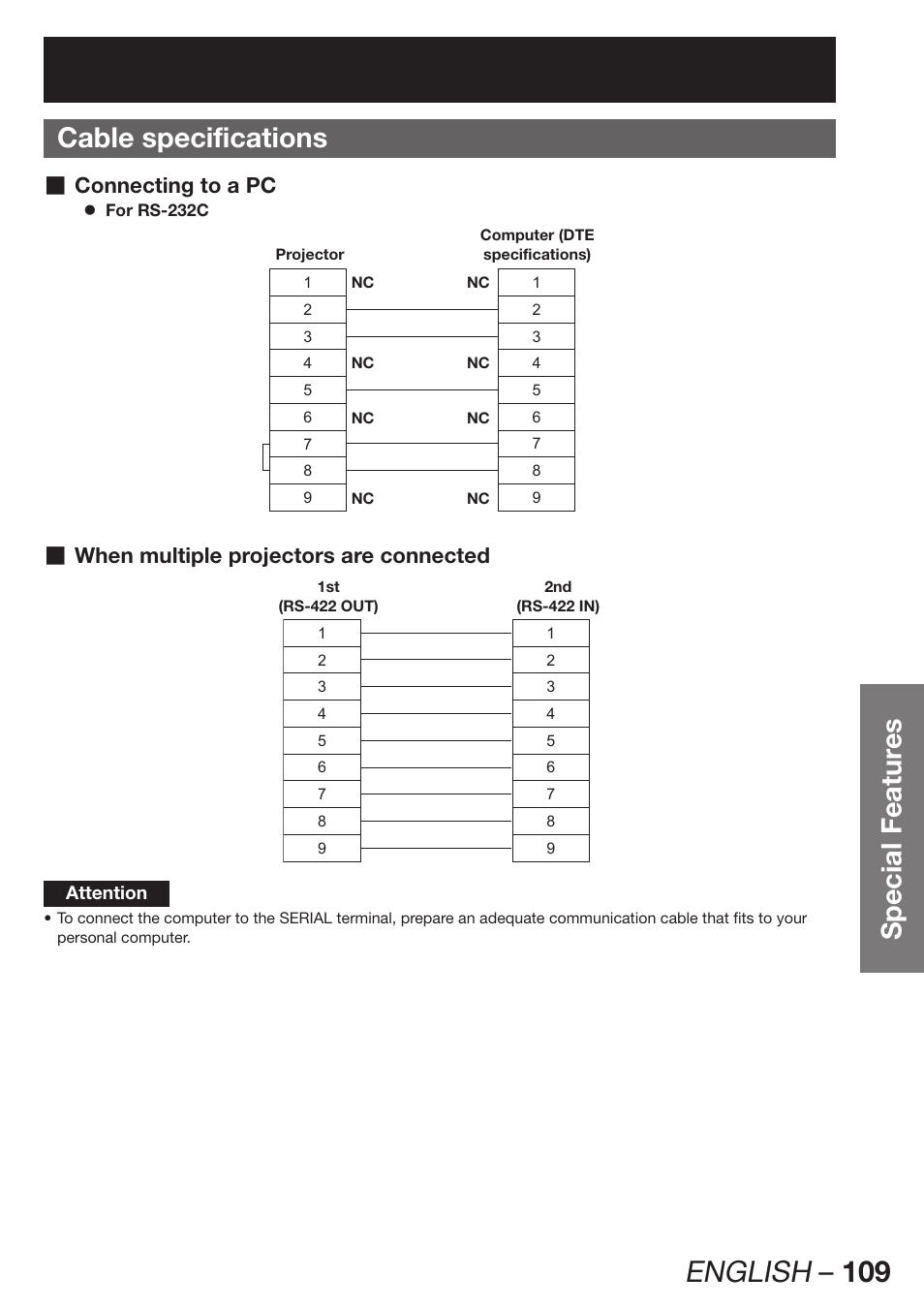 Cable specifications, English – 109, Special featur es cable specifications | Connecting to a pc, When multiple projectors are connected | Panasonic PT-DZ12000E User Manual | Page 109 / 128