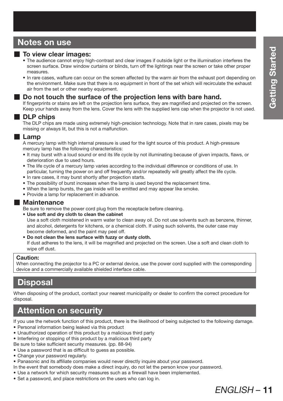 Notes on use, Disposal, Attention on security | English – 11 | Panasonic PT-DZ12000E User Manual | Page 11 / 128