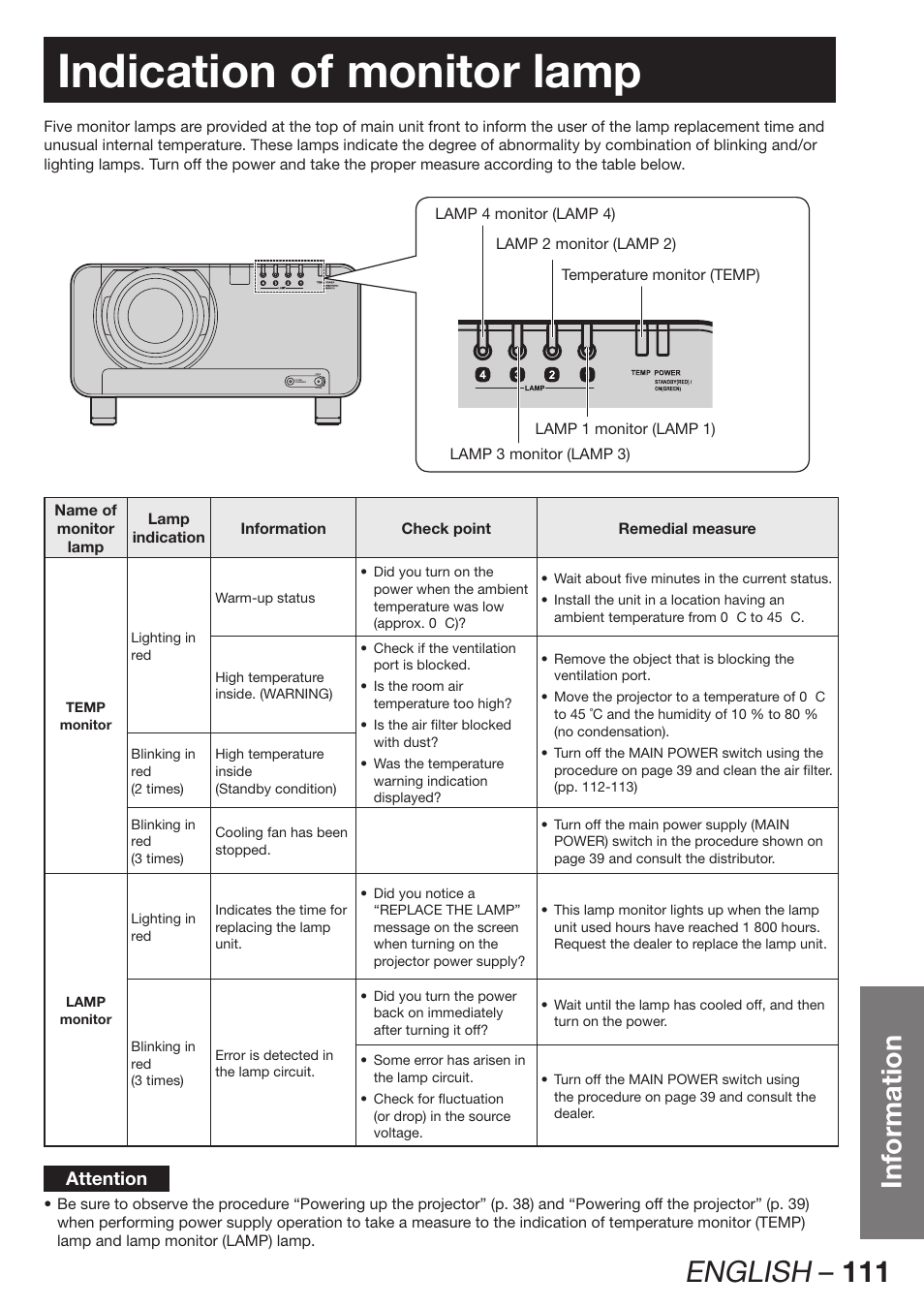 Indication of monitor lamp, English – 111, Information | Attention | Panasonic PT-DZ12000E User Manual | Page 111 / 128