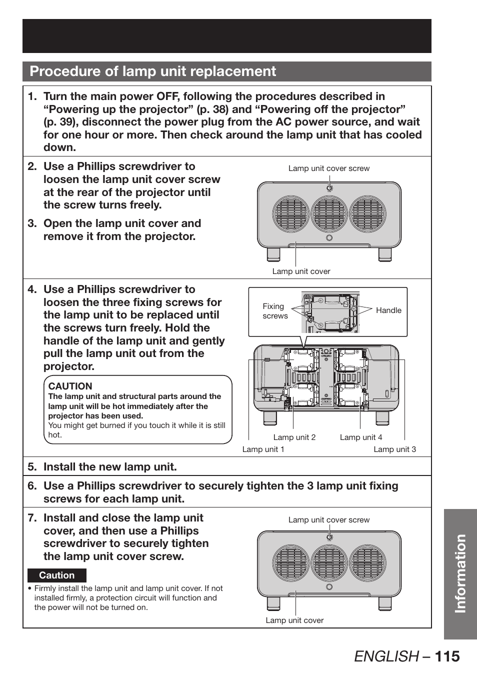 Procedure of lamp unit replacement, English – 115, Information procedure of lamp unit replacement | Panasonic PT-DZ12000E User Manual | Page 115 / 128