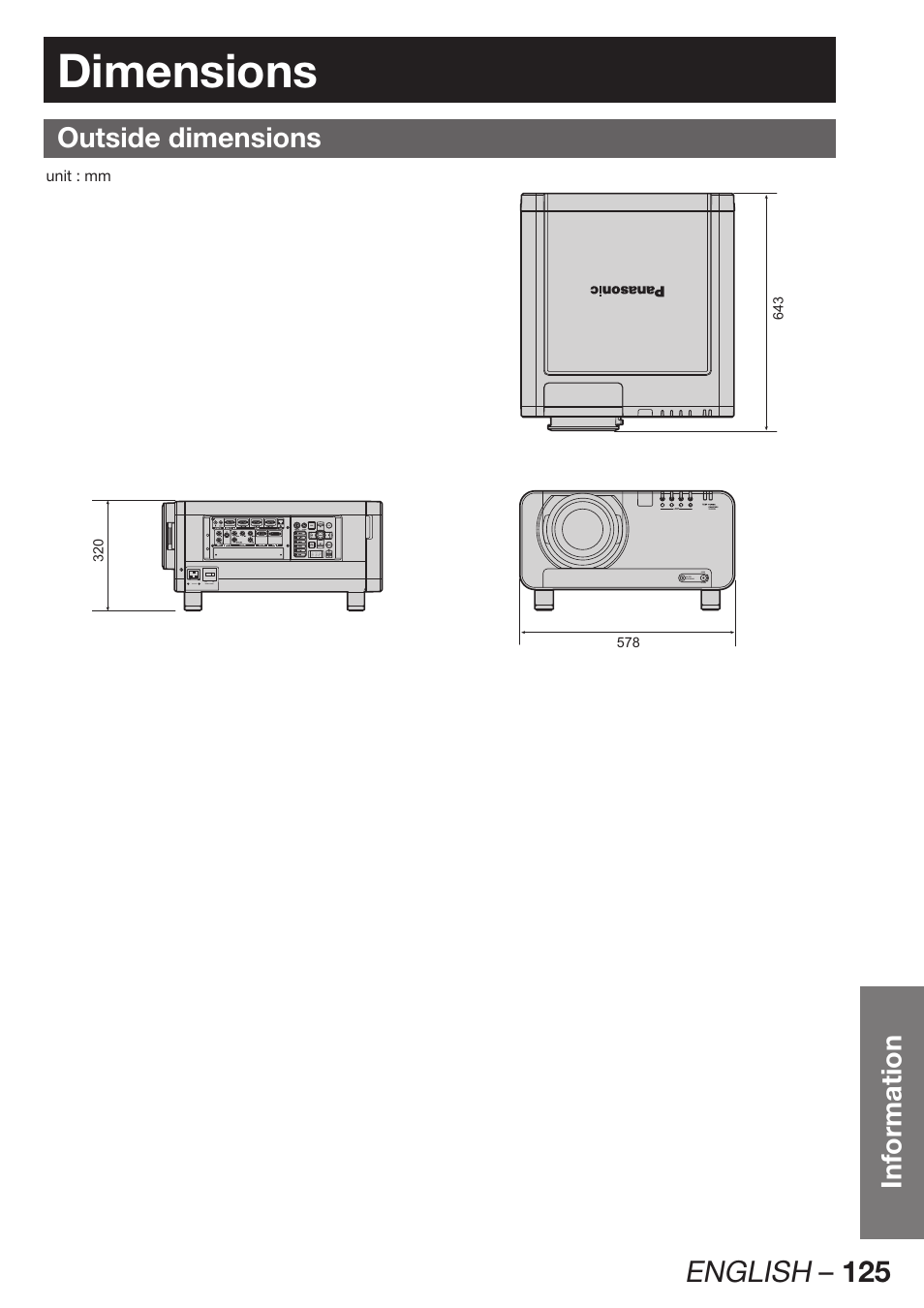 Dimensions, Outside dimensions, English – 125 | Information | Panasonic PT-DZ12000E User Manual | Page 125 / 128