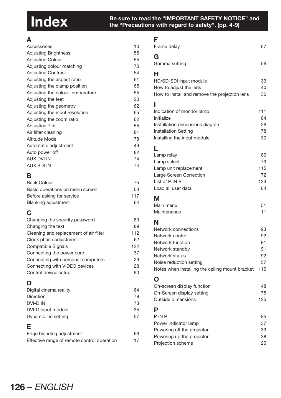 Index, 126 – english | Panasonic PT-DZ12000E User Manual | Page 126 / 128