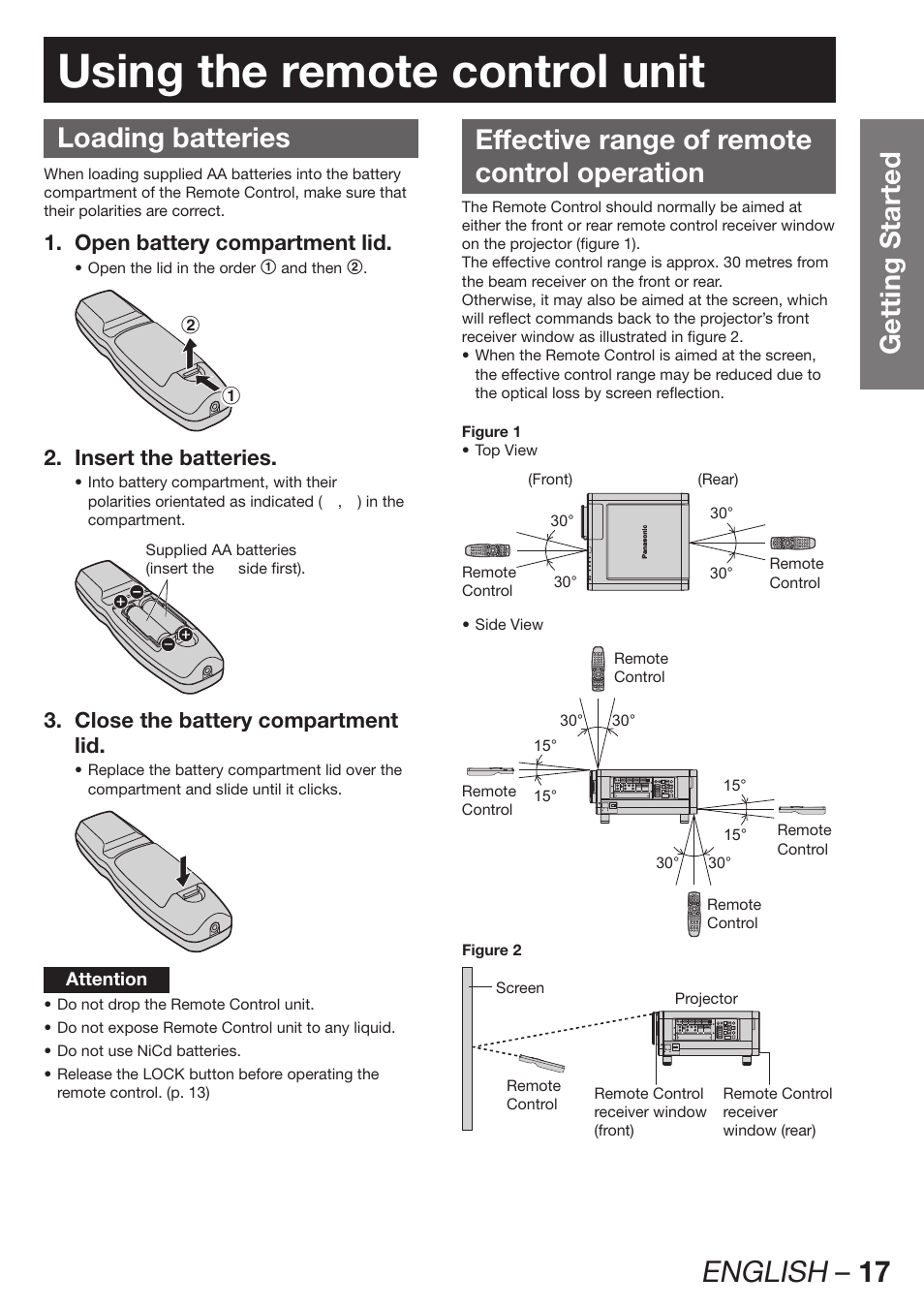 Using the remote control unit, Loading batteries, Effective range of remotecontrol operation | English – 17, Getting started, Effective range of remote control operation, Open battery compartment lid. 1, Insert the batteries. 2, Close the battery compartment 3. lid | Panasonic PT-DZ12000E User Manual | Page 17 / 128