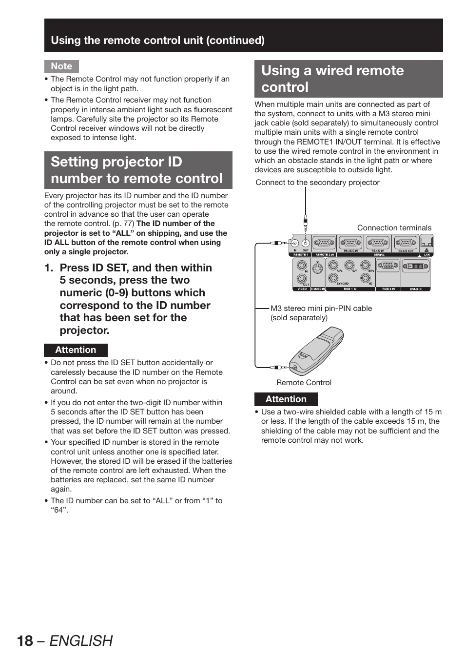 Setting projector idnumber to remote control, Using a wired remotecontrol, 18 – english | Setting projector id number to remote control, Using a wired remote control, Using the remote control unit (continued) | Panasonic PT-DZ12000E User Manual | Page 18 / 128