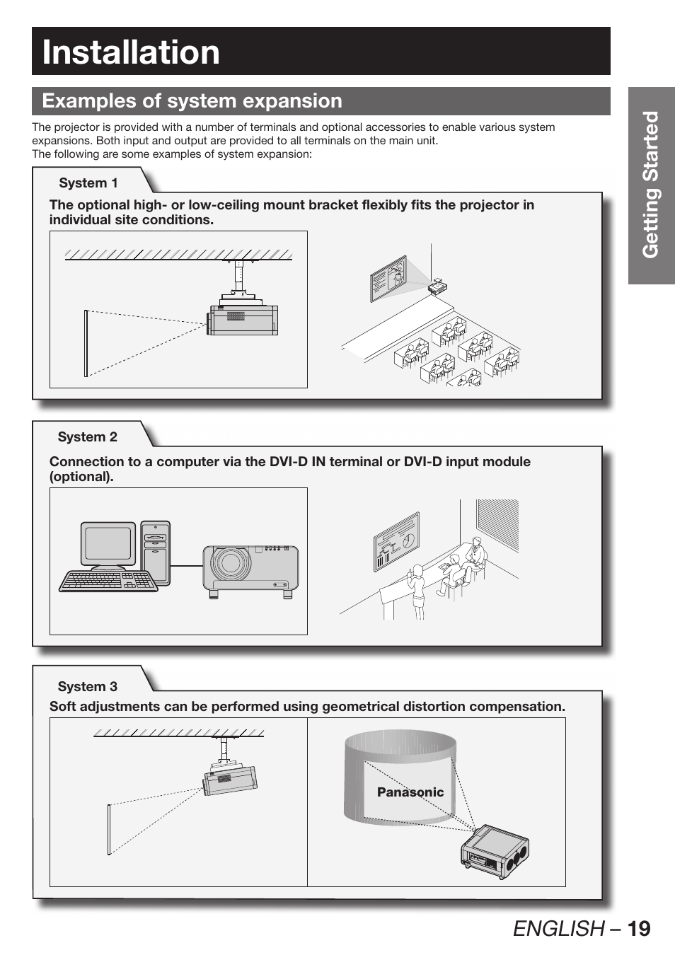 Installation, Examples of system expansion, English – 19 | Getting started | Panasonic PT-DZ12000E User Manual | Page 19 / 128