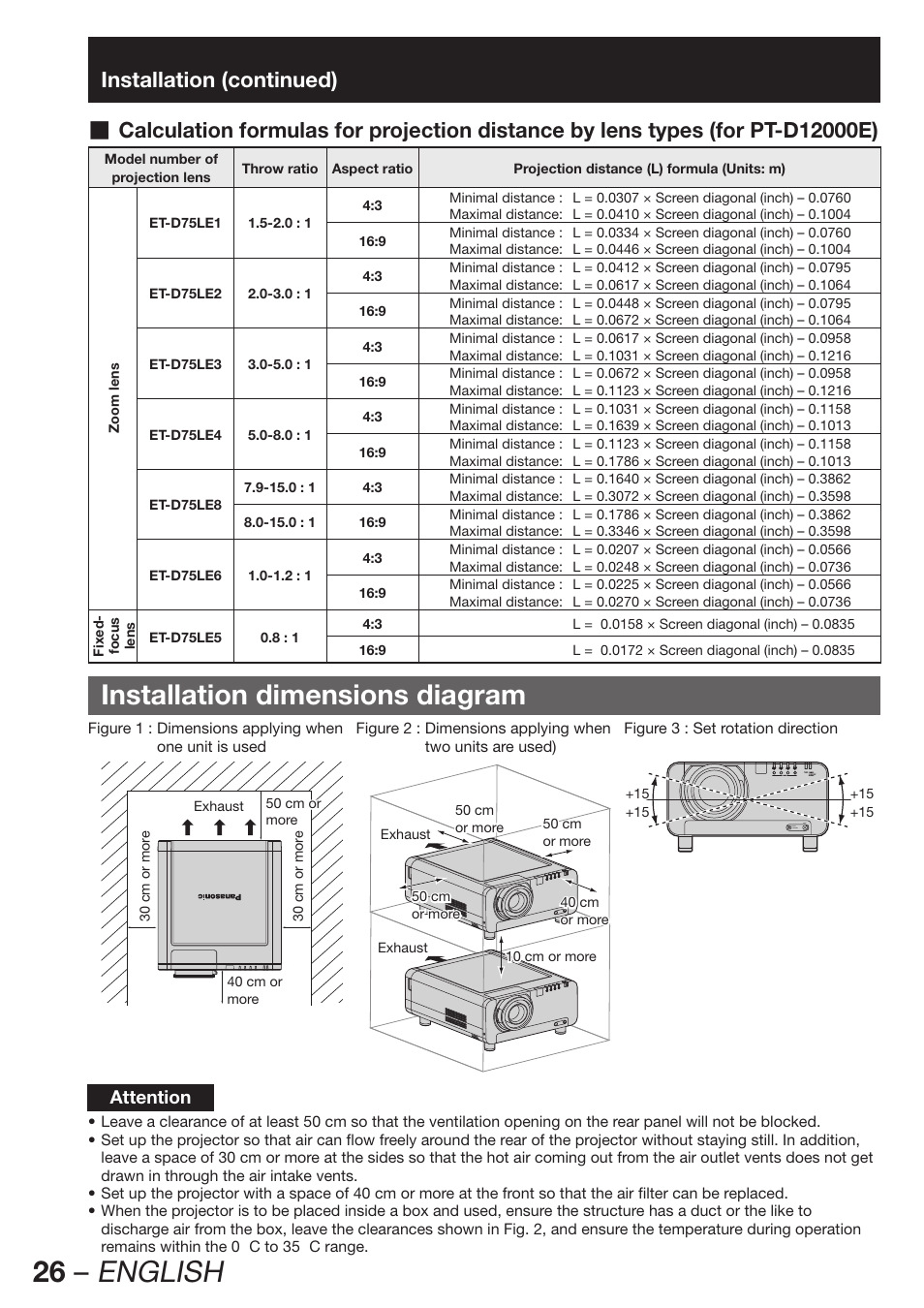 Installation dimensions diagram, 26 – english, Attention | Panasonic PT-DZ12000E User Manual | Page 26 / 128