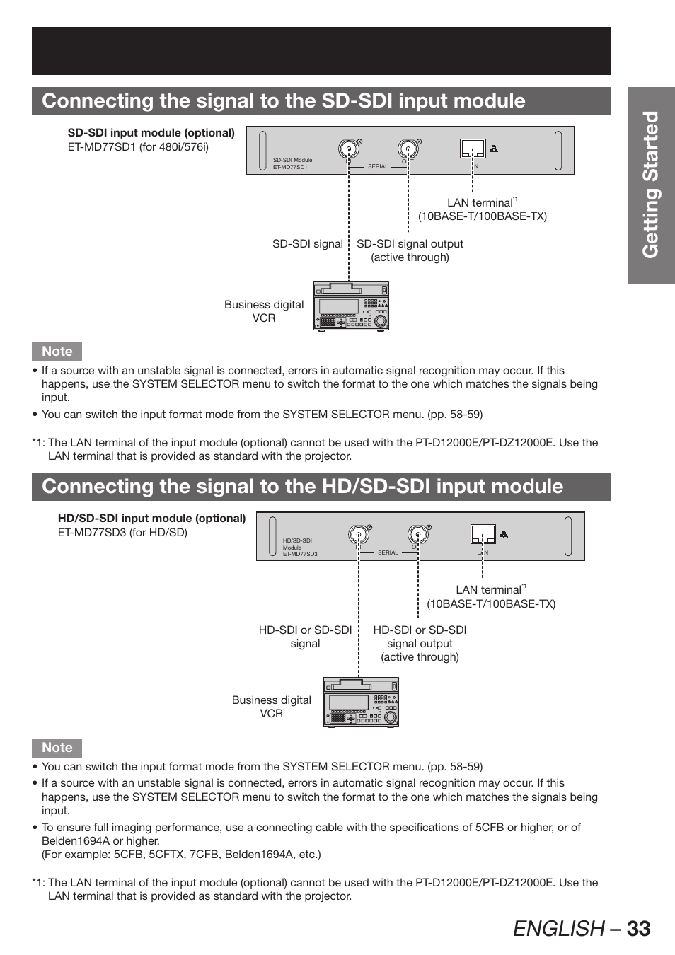 Connecting the signal to the sd-sdi input module, English – 33 | Panasonic PT-DZ12000E User Manual | Page 33 / 128