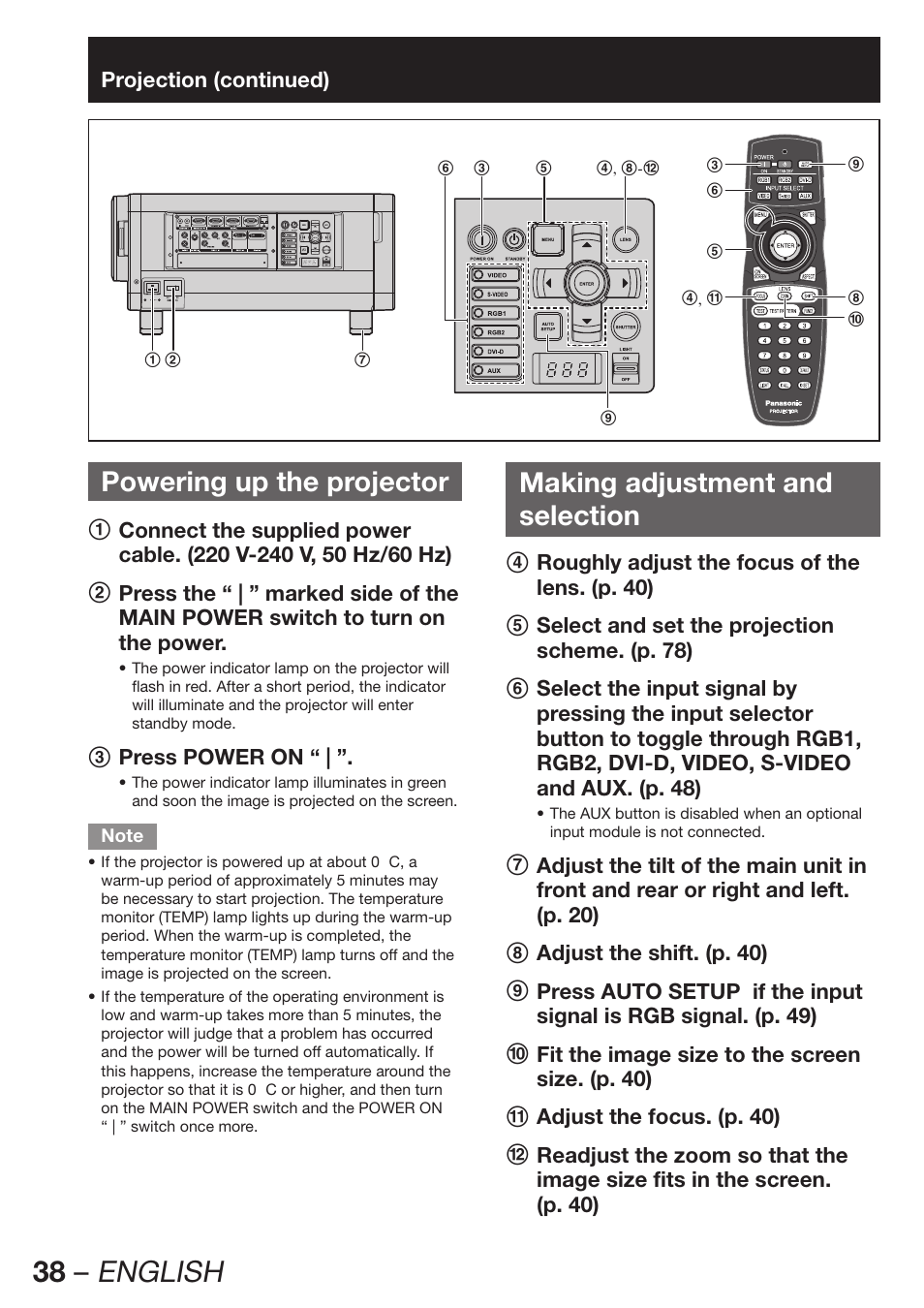 Powering up the projector, Making adjustment andselection, 38 – english | Making adjustment and selection | Panasonic PT-DZ12000E User Manual | Page 38 / 128