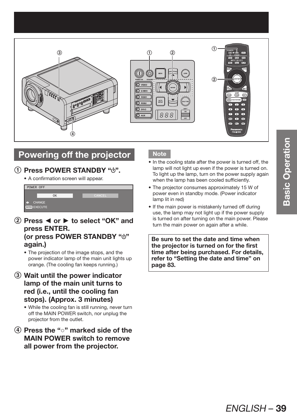 Powering off the projector, English – 39, Basic operation powering off the projector | 1 press power standby | Panasonic PT-DZ12000E User Manual | Page 39 / 128