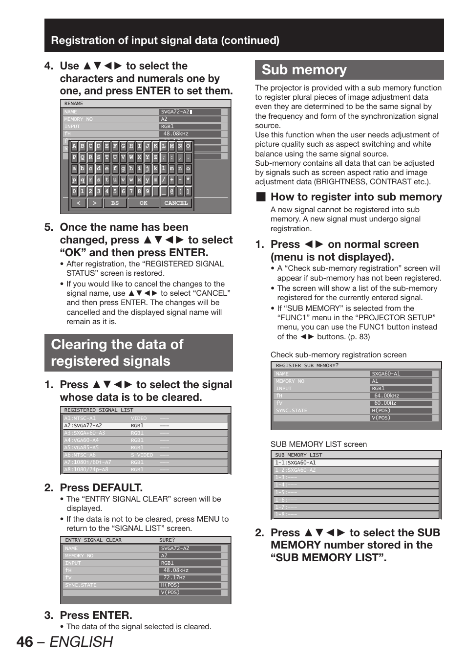 Clearing the data ofregistered signals, Sub memory, 46 – english | Clearing the data of registered signals, Press default. 2, Press enter. 3 | Panasonic PT-DZ12000E User Manual | Page 46 / 128