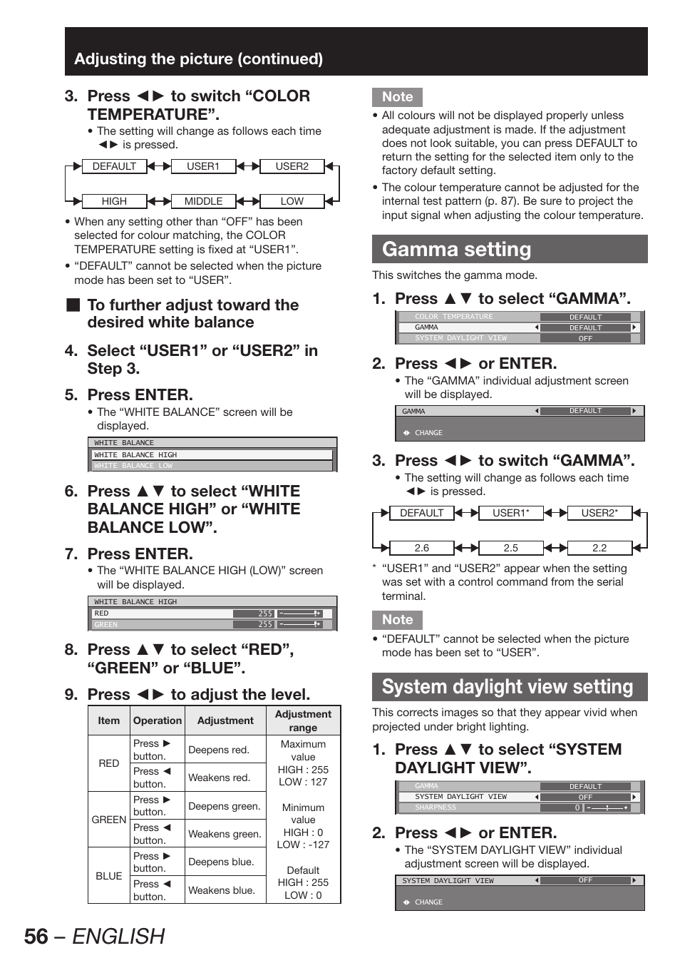 Gamma setting, System daylight view setting, 56 – english | Press ▲▼ to select “gamma”. 1, Press ◄► or enter. 2, Press ◄► to switch “gamma”. 3, Press ▲▼ to select “system 1. daylight view | Panasonic PT-DZ12000E User Manual | Page 56 / 128