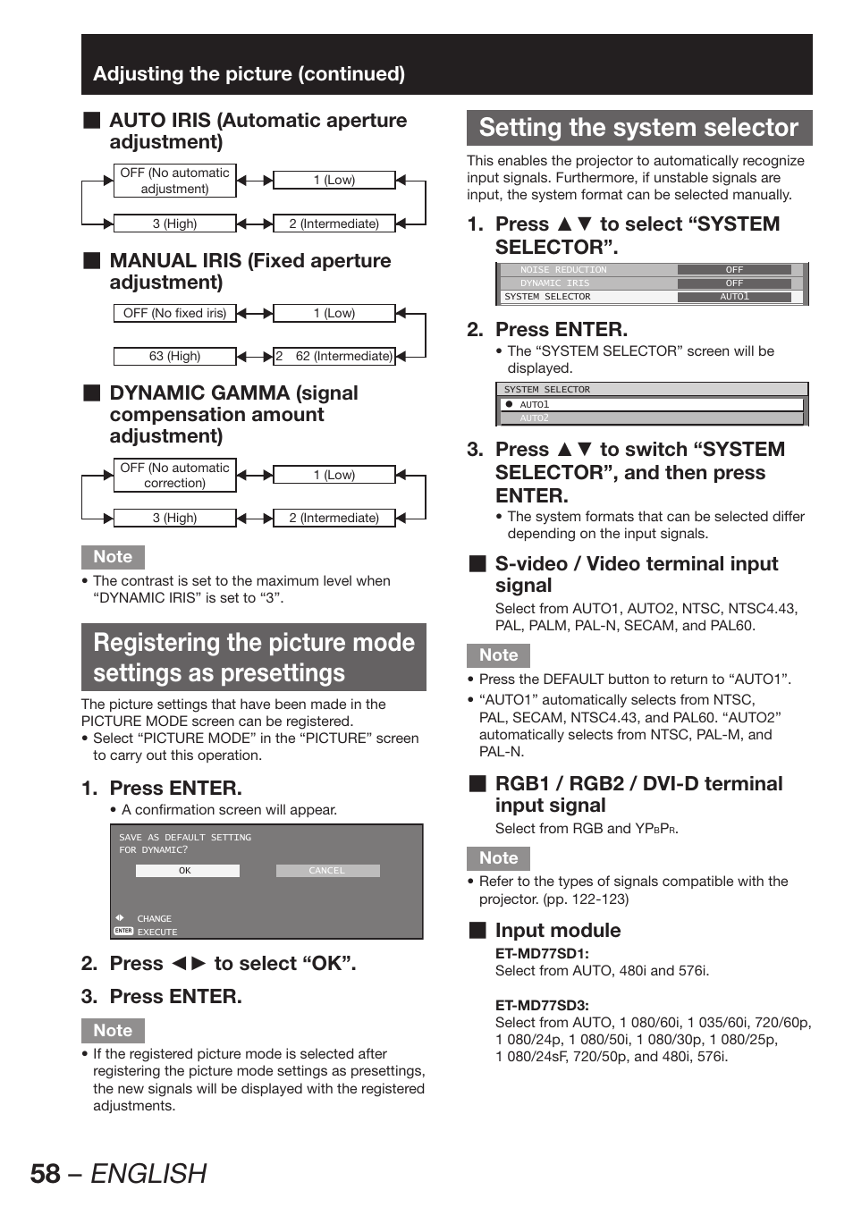 Setting the system selector, 58 – english | Panasonic PT-DZ12000E User Manual | Page 58 / 128