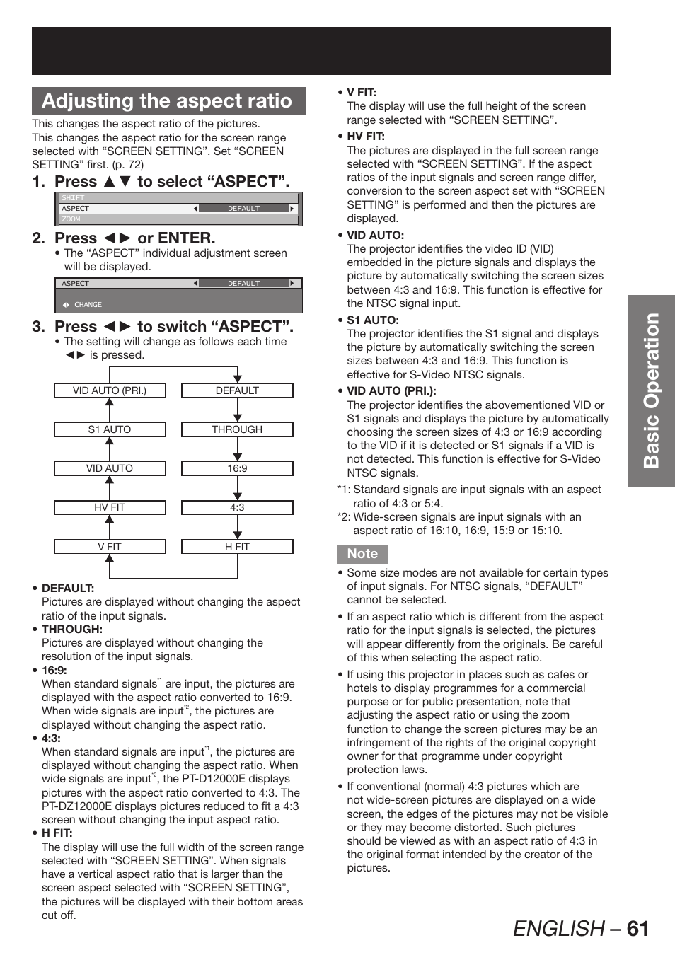 Adjusting the aspect ratio, English – 61, Basic operation adjusting the aspect ratio | Press ▲▼ to select “aspect”. 1, Press ◄► or enter. 2, Press ◄► to switch “aspect”. 3 | Panasonic PT-DZ12000E User Manual | Page 61 / 128