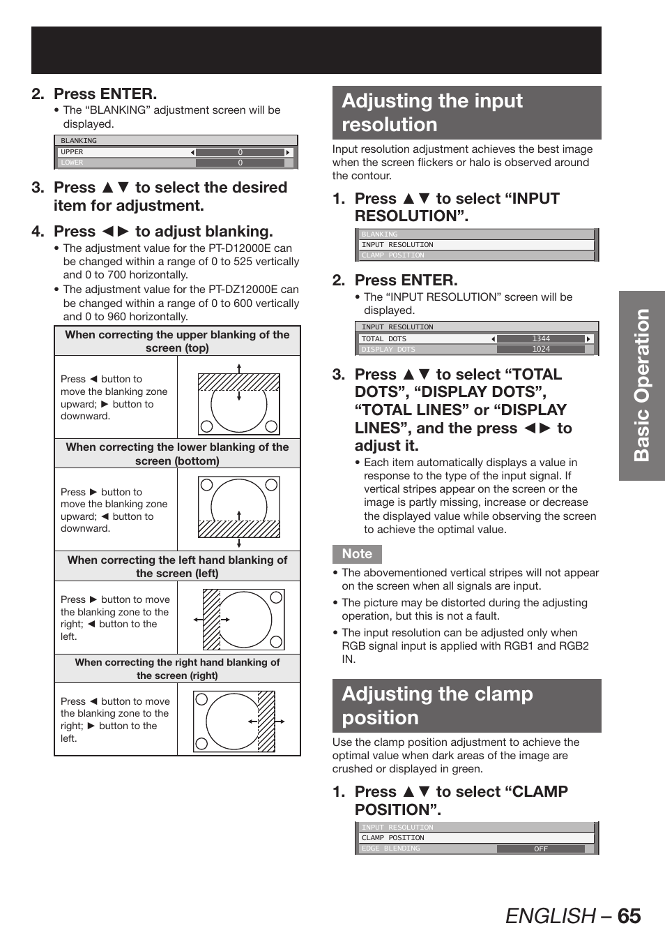 Adjusting the inputresolution, Adjusting the clampposition, English – 65 | Basic operation, Adjusting the input resolution, Adjusting the clamp position, Press enter. 2, Press ▲▼ to select “input 1. resolution, Press ▲▼ to select “clamp 1. position | Panasonic PT-DZ12000E User Manual | Page 65 / 128