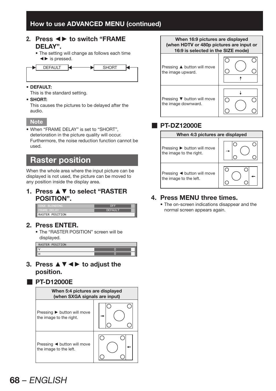 Raster position, 68 – english | Panasonic PT-DZ12000E User Manual | Page 68 / 128