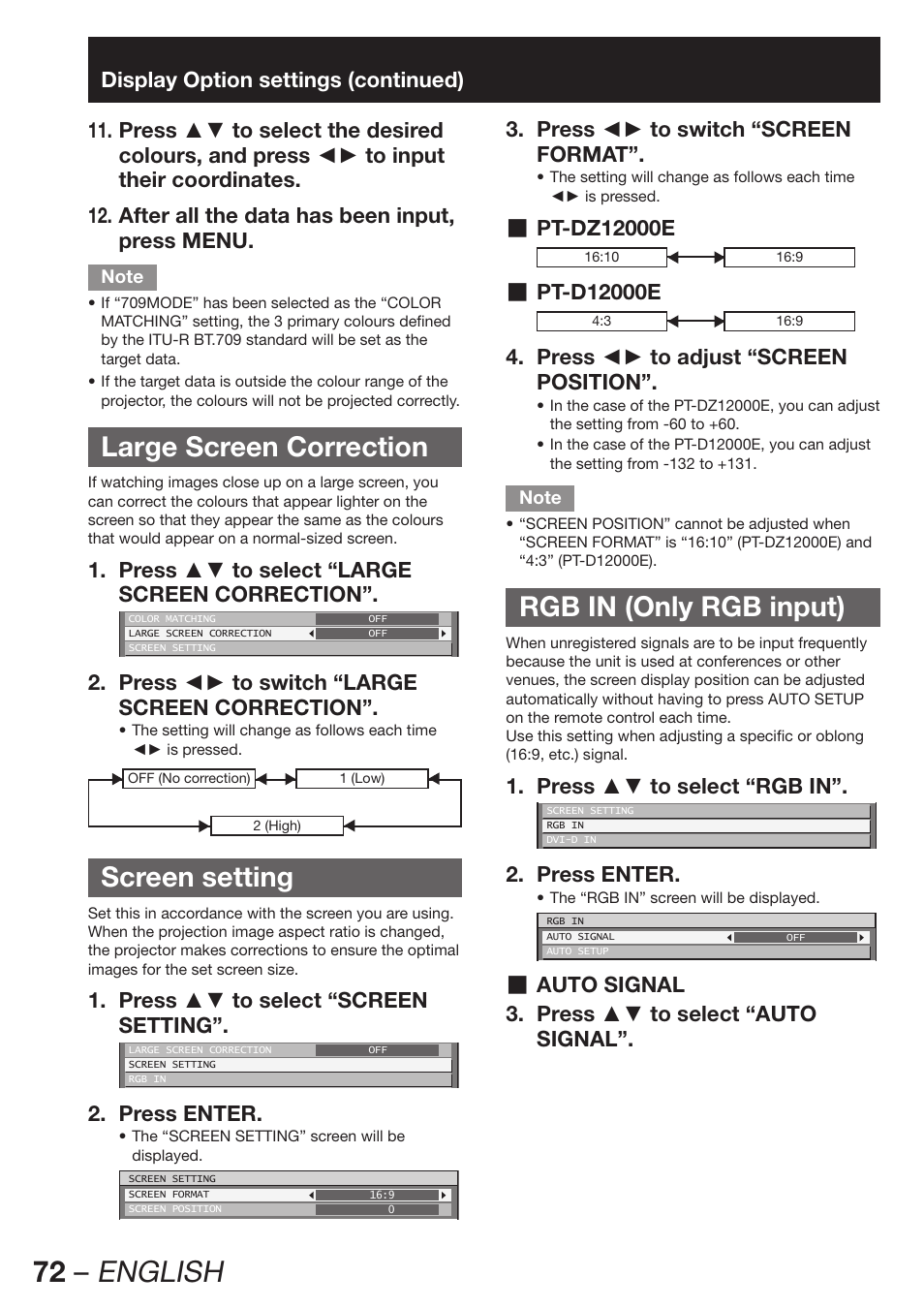 Large screen correction, Screen setting, Rgb in (only rgb input) | 72 – english | Panasonic PT-DZ12000E User Manual | Page 72 / 128