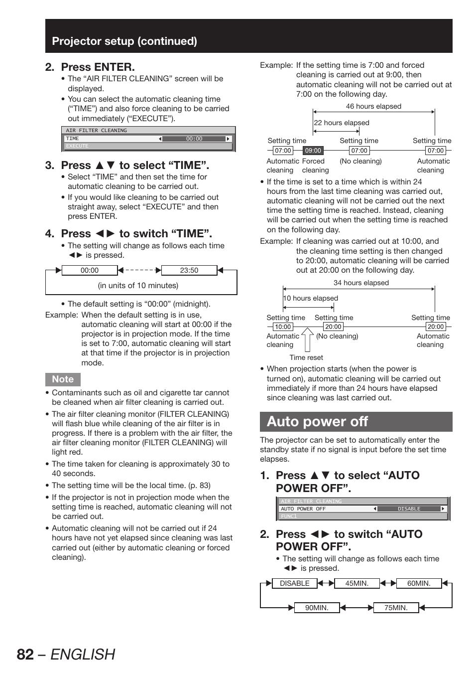 Auto power off, 82 – english, Projector setup (continued) press enter. 2 | Press ▲▼ to select “time”. 3, Press ◄► to switch “time”. 4, Press ▲▼ to select “auto 1. power off, Press ◄► to switch “auto 2. power off | Panasonic PT-DZ12000E User Manual | Page 82 / 128