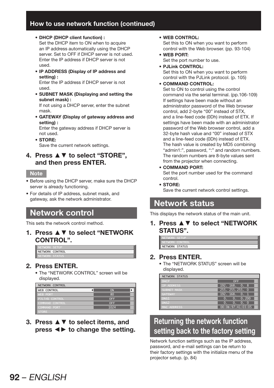 Network control, Network status, 92 – english | How to use network function (continued), Press ▲▼ to select “network 1. control, Press enter. 2, Press ▲▼ to select “network 1. status | Panasonic PT-DZ12000E User Manual | Page 92 / 128