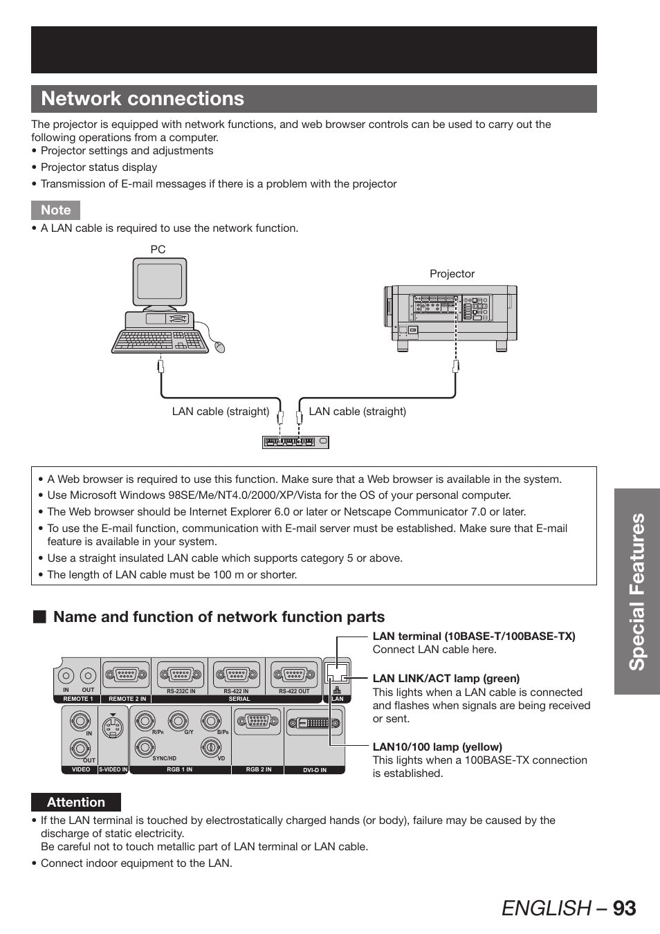 Network connections, English – 93, Special featur es network connections | Name and function of network function parts, Attention | Panasonic PT-DZ12000E User Manual | Page 93 / 128