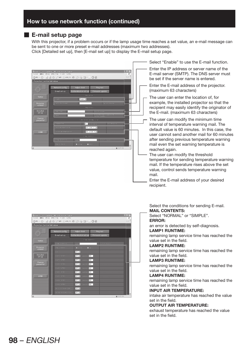 98 – english | Panasonic PT-DZ12000E User Manual | Page 98 / 128