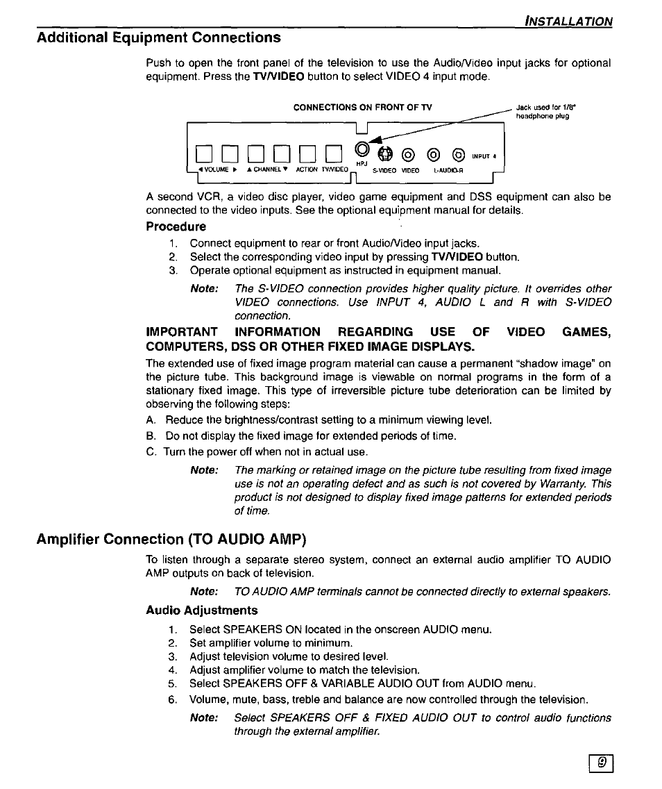 Additional equipment connections, Procedure, Amplifier connection (to audio amp) | Audio adjustments | Panasonic CT-32SX30 User Manual | Page 11 / 56