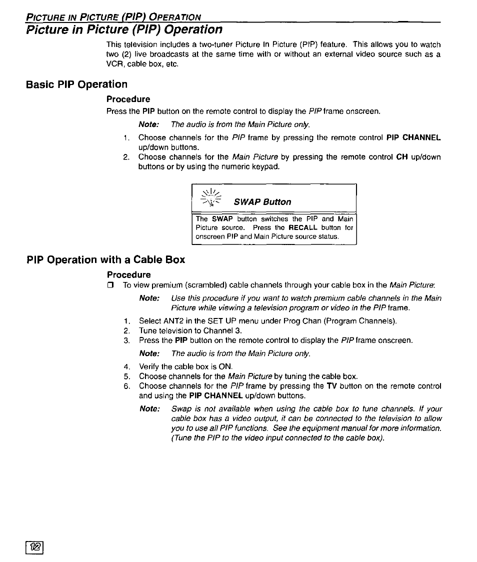 Basic pip operation, Procedure, Pip operation with a cable box | Picture in picture (pip) operation, The audio is from the main picture only, Main picture | Panasonic CT-32SX30 User Manual | Page 14 / 56