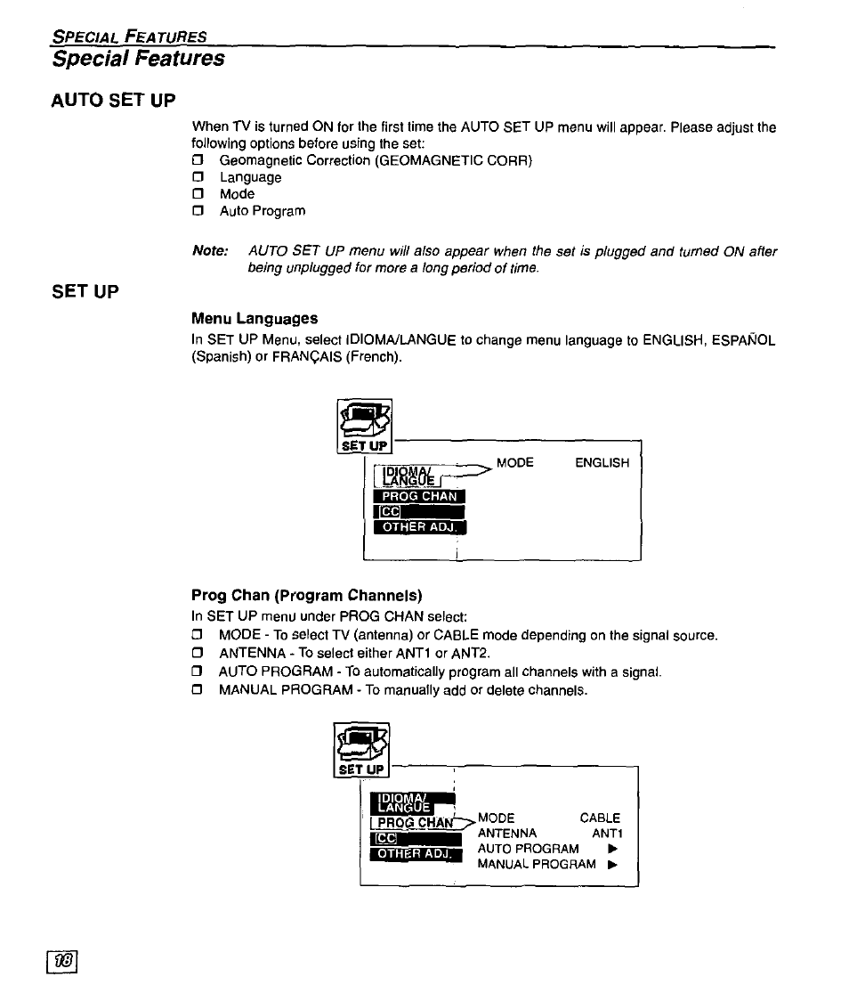 Auto set up, Setup, Menu languages | Prog chan (program channels), Special features, Fflit | Panasonic CT-32SX30 User Manual | Page 20 / 56