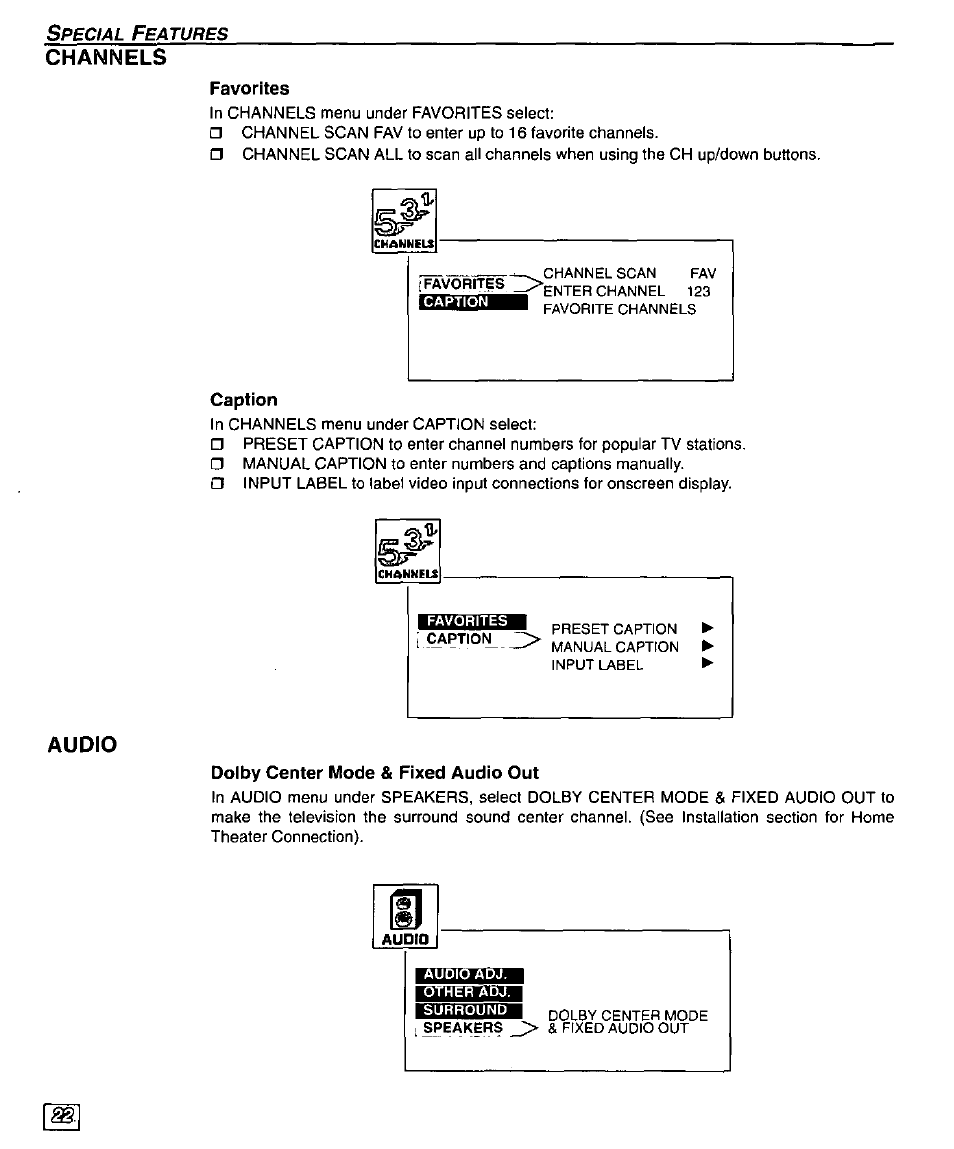 Channels, Favorites, Caption | Audio, Doiby center mode & fixed audio out, Dolby center mode & fixed audio out | Panasonic CT-32SX30 User Manual | Page 24 / 56