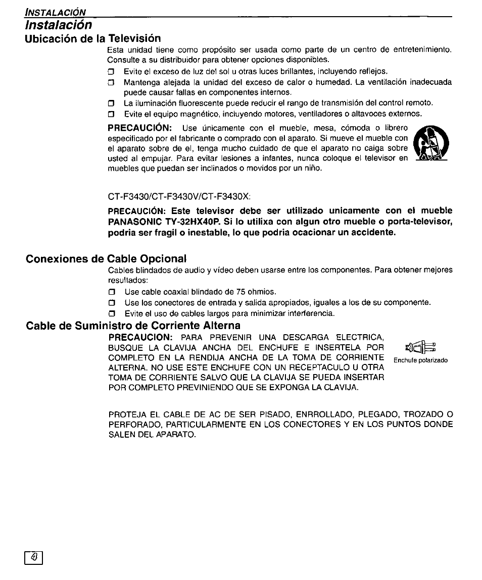 Ubicación de la televisión, Conexiones de cable opcional, Cable de suministro de corriente alterna | Instalación | Panasonic CT-32SX30 User Manual | Page 34 / 56