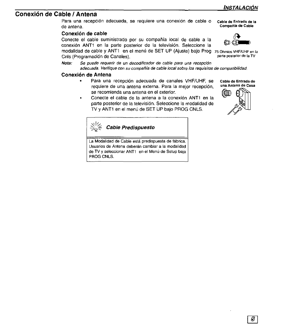 Conexión de cable / antena, Conexión de cable, Conexión de antena | Panasonic CT-32SX30 User Manual | Page 35 / 56