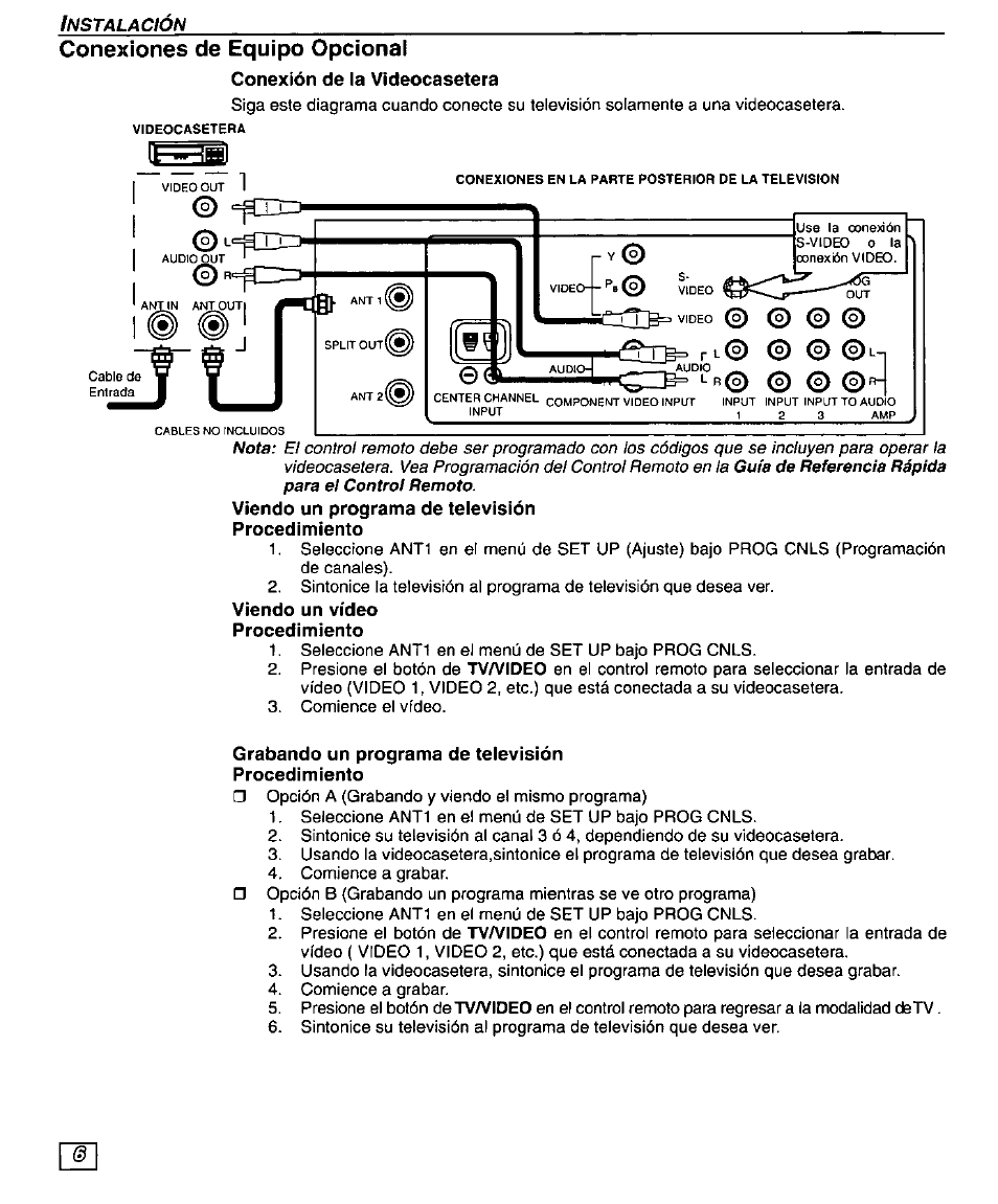 Conexiones de equipo opcional, Conexión de la videocasetera, Viendo un programa de televisión procedimiento | Viendo un vídeo, Procedimiento, Grabando un programa de televisión procedimiento | Panasonic CT-32SX30 User Manual | Page 36 / 56