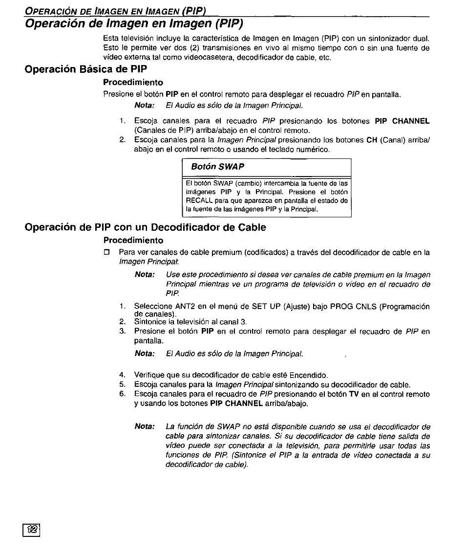 Operación básica de pip, Operación de pip con un decodificador de cable, Operación de imagen en imagen (pip) | Pipì | Panasonic CT-32SX30 User Manual | Page 42 / 56