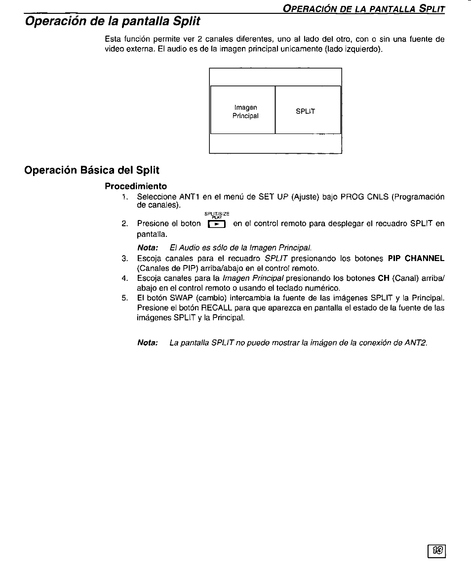 Operación básica del split, Operación de la pantalla split | Panasonic CT-32SX30 User Manual | Page 43 / 56