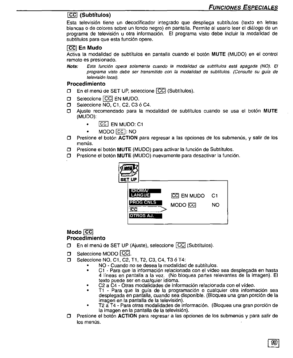 Cg (subtítulos), Cc] en mudo, Procedimiento | Modo[pl | Panasonic CT-32SX30 User Manual | Page 49 / 56