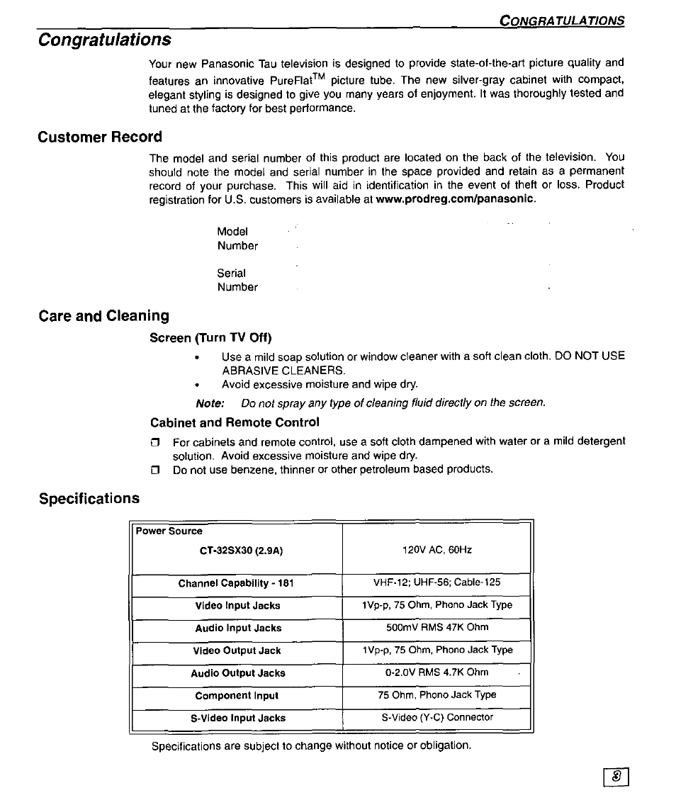 Customer record, Care and cleaning, Screen (turn tv off) | Cabinet and remote control, Specifications | Panasonic CT-32SX30 User Manual | Page 5 / 56