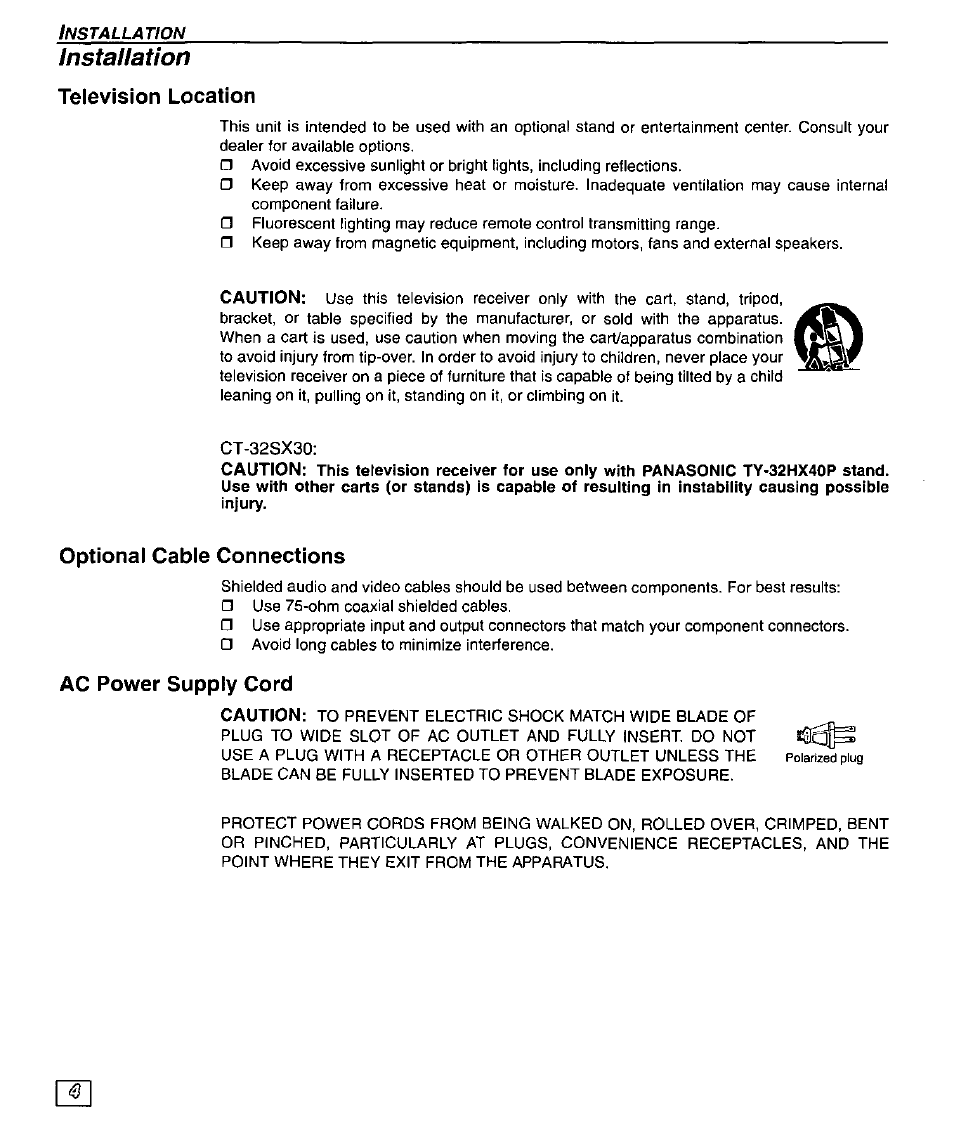 Television location, Optional cable connections, Ac power supply cord | Installation | Panasonic CT-32SX30 User Manual | Page 6 / 56
