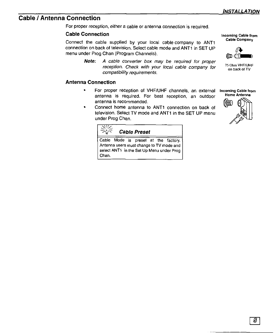 Cable/ antenna connection, Cable connection, Antenna connection | Cable / antenna connection, Cable preset | Panasonic CT-32SX30 User Manual | Page 7 / 56
