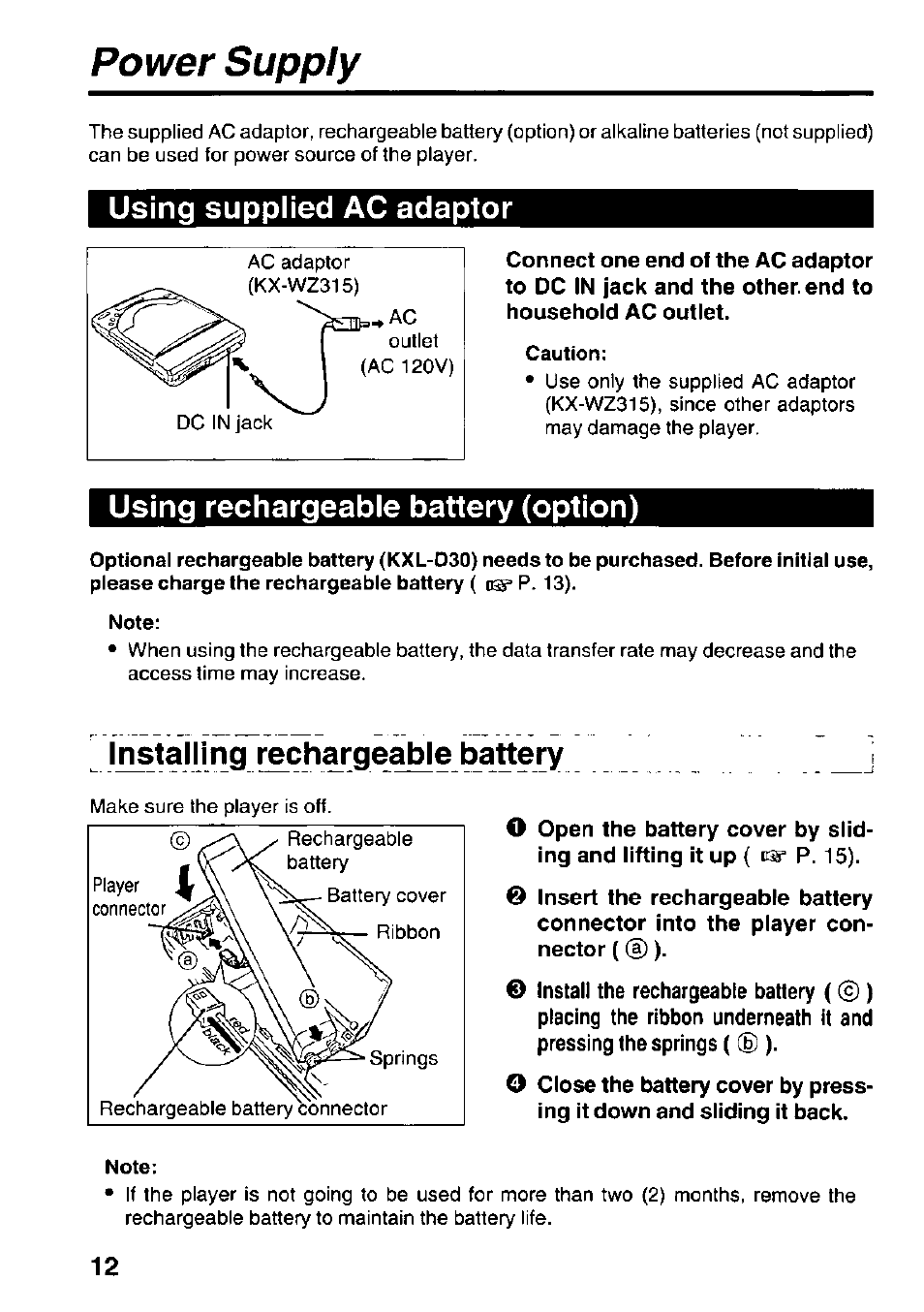 Power supply, Using supplied ac adaptor, Using rechargeable battery (option) | Installing rechargeable battery | Panasonic KXL-D742 User Manual | Page 12 / 40