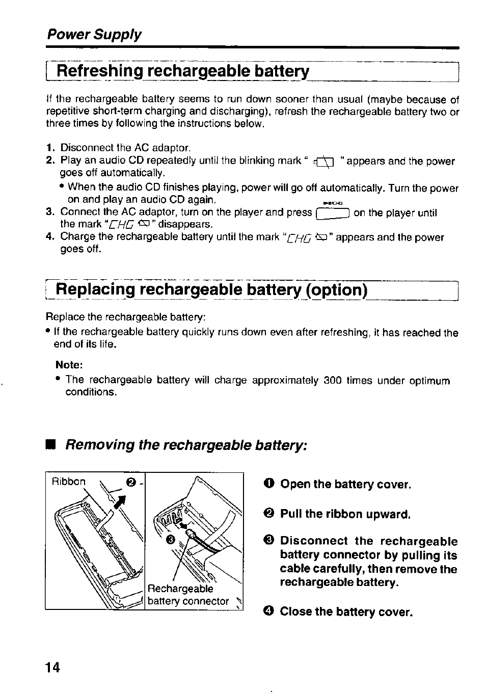 Refreshing rechargeable battery, Replacing rechargeable battery (option), Removing the rechargeable battery | Power suppiy | Panasonic KXL-D742 User Manual | Page 14 / 40