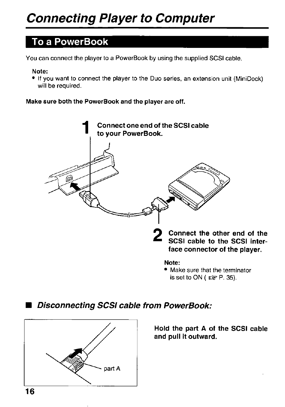 Connecting player to computer, To a powerbook, Disconnecting scsi cable from powerbook | Panasonic KXL-D742 User Manual | Page 16 / 40