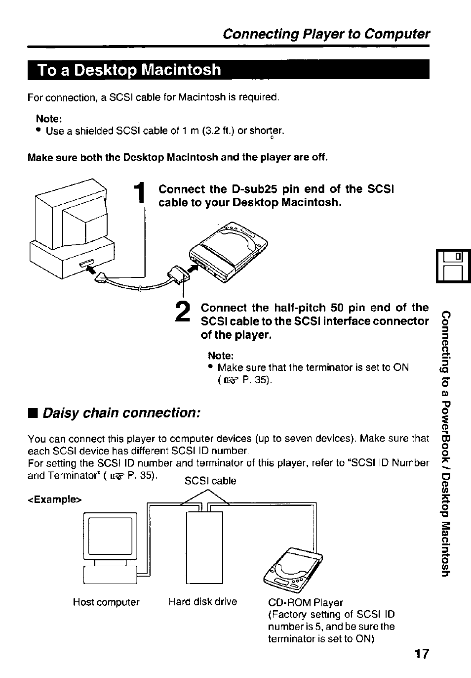 To a desktop macintosh, Daisy chain connection, Connecting player to computer | Panasonic KXL-D742 User Manual | Page 17 / 40