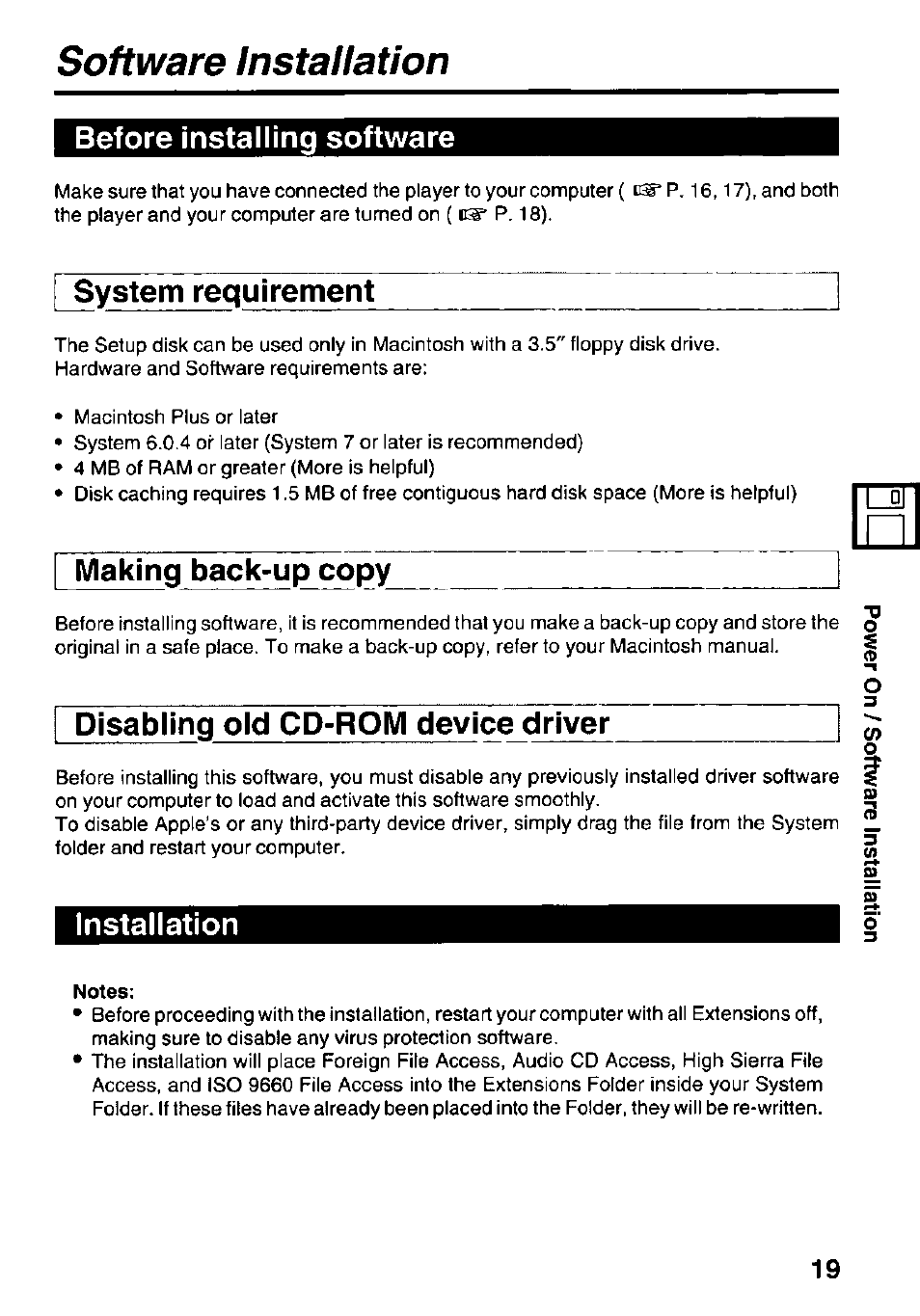 Software installation, Before installing software, System requirement | Making back-up copy, Disabling old cd-rom device driver, Installation, Before installing software installation | Panasonic KXL-D742 User Manual | Page 19 / 40