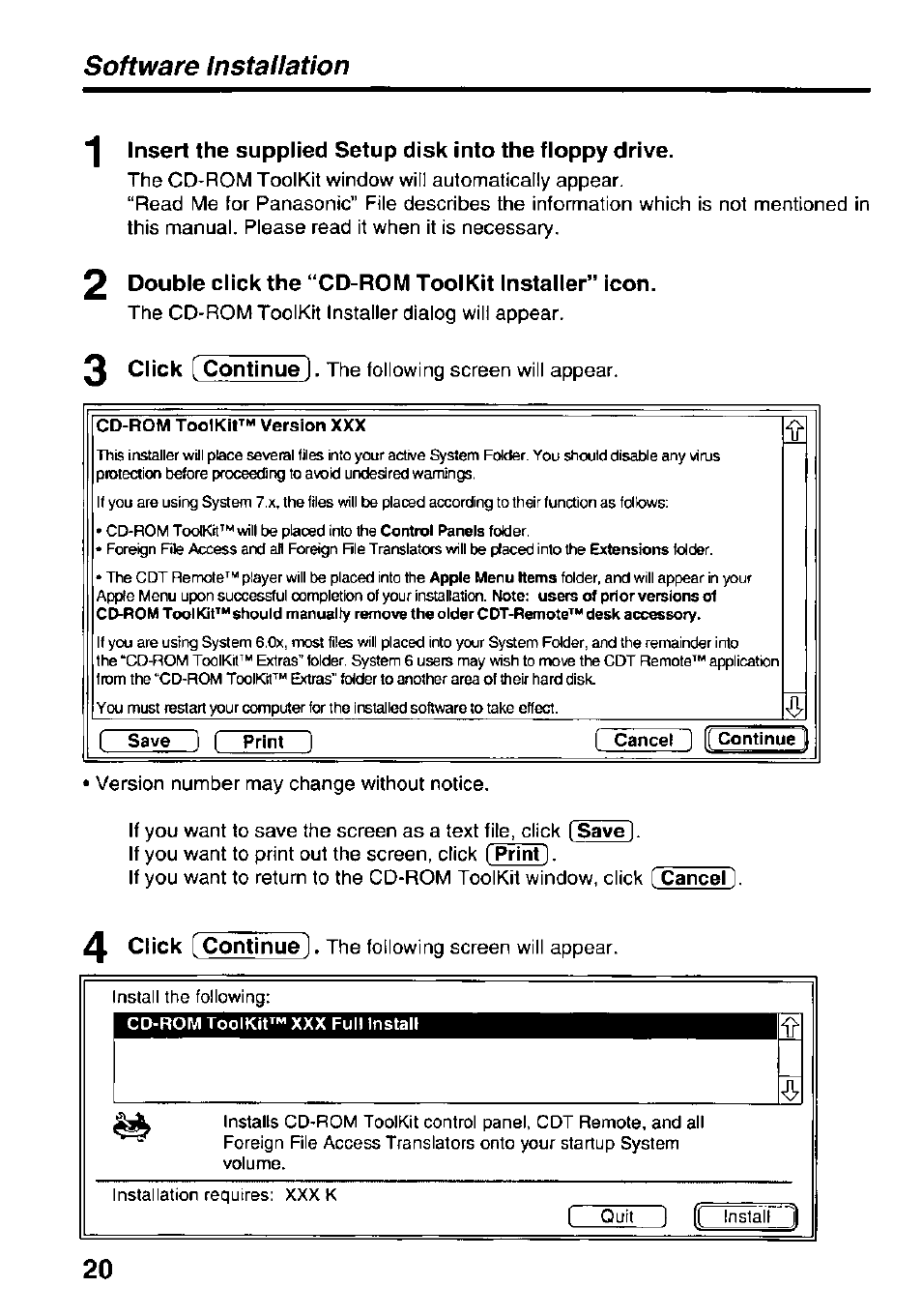2 double click the “cd-rom toolkit installer” icon, Software instauation, 2double click the “cd-rom toolkit installer” icon | 0 click [ continue, Click [ continue, The cd-rom toolkit installer dialog will appear, The following screen will appear | Panasonic KXL-D742 User Manual | Page 20 / 40