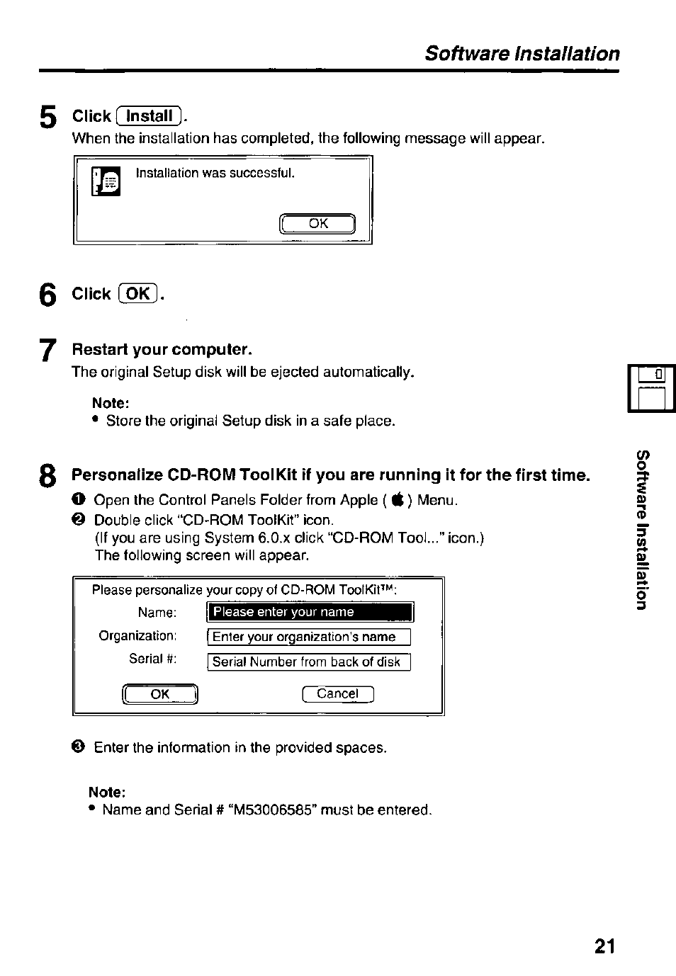 0 click [ ok, 7 restart your computer, Software installation | H ok jl | Panasonic KXL-D742 User Manual | Page 21 / 40