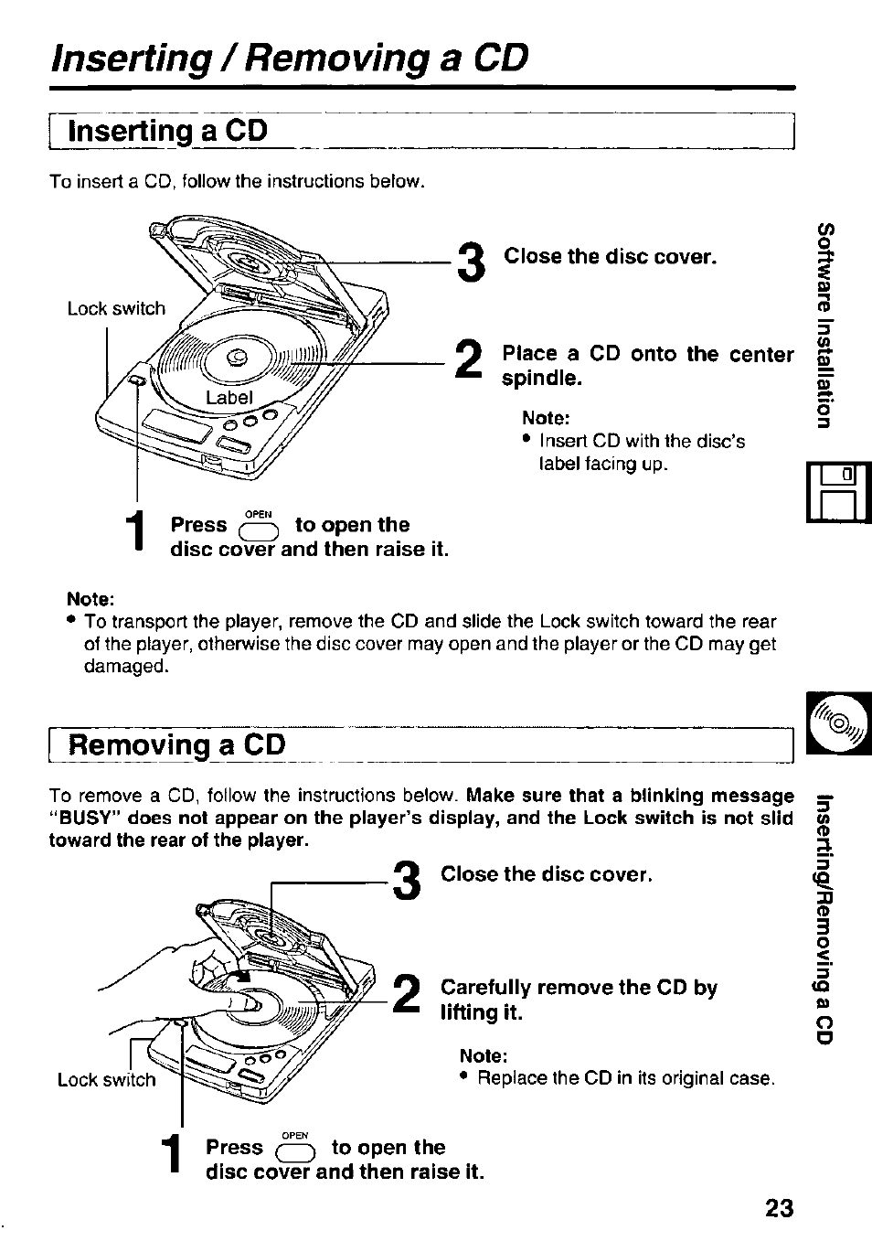 Inserting / removing a cd, Inserting a cd, Place a cd onto the center spindle | I removing a cd, Carefully remove the cd by lifting it, Press to open the disc cover and then raise it, Close the disc cover, Inserting/removing a cd, Removing a cd | Panasonic KXL-D742 User Manual | Page 23 / 40