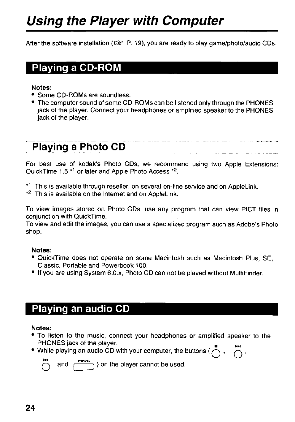 Using the player with computer, Playing a cd-rom, Playing a photo cd i | Playing an audio cd, Playing a cd-rom playing an audio cd | Panasonic KXL-D742 User Manual | Page 24 / 40